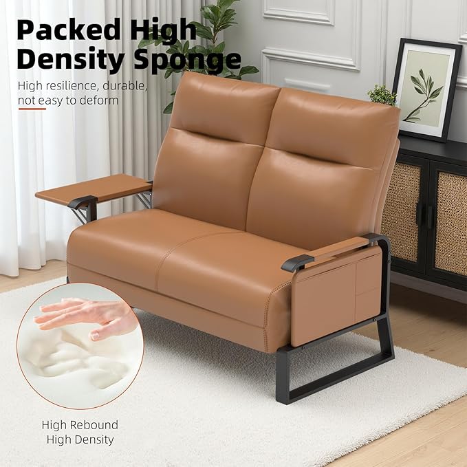 Faux Leather Loveseat, Upholstered Loveseat with Side Tray Table & Storage Pocket, Small Loveseat for Living Room, Modern 2 Seater Sofa Couch for Small Spaces, Bedroom, Brown