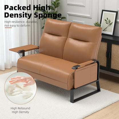 Faux Leather Loveseat, Upholstered Loveseat with Side Tray Table & Storage Pocket, Small Loveseat for Living Room, Modern 2 Seater Sofa Couch for Small Spaces, Bedroom, Brown