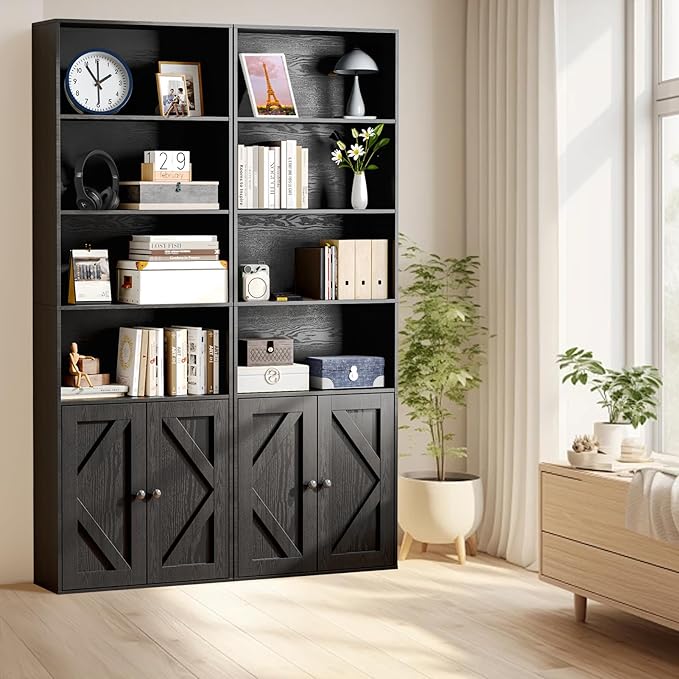 Bookshelf, 6-Tier Floor Bookcase with 2 Bottom Doors, 9.29"x23.62"x70.86", Storage Cabinet Bookshelves for Home Office, Living Room, Bedroom-Black