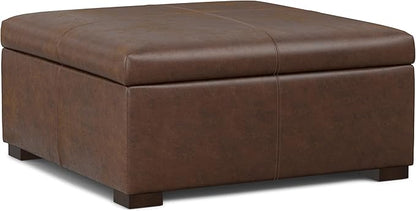 SIMPLIHOME Gabbie 36 inch Wide Contemporary Square Square Coffee Table Storage Ottoman in Distressed Chestnut Brown Vegan Faux Leather, Assembled, for The Living Room, Entryway and Family Room