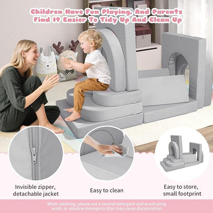 12 Pcs Modular Kids Play Couch, Toddler Couches That Fold Out, Plush Foam Chair for Children’s Playroom, Velvet Fabric Convertible Foam and Floor Cushion for Boys and Girls (Gray,07)