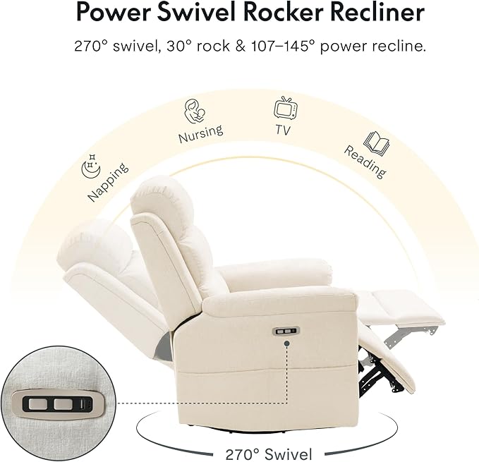 FLEXISPOT XRC6-Pro Nursery Power Glider Recliner with Adjustable Headrest, 270° Swivel Rocker Recliner for Nursery w/Massage & Heat, Water & Stain Resistant Ribbed Chenille, FSC Certified, Beige