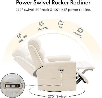 FLEXISPOT XRC6-Pro Nursery Power Glider Recliner with Adjustable Headrest, 270° Swivel Rocker Recliner for Nursery w/Massage & Heat, Water & Stain Resistant Ribbed Chenille, FSC Certified, Beige
