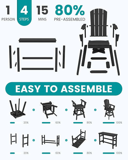 SERWALL 5-Piece Swivel Adirondack Bar Set, HDPE Swivel Bar Height Chairs Set of 4 with Bar Table, All-Weather Outdoor Barstools for Patio, Poolside, Garden, Black