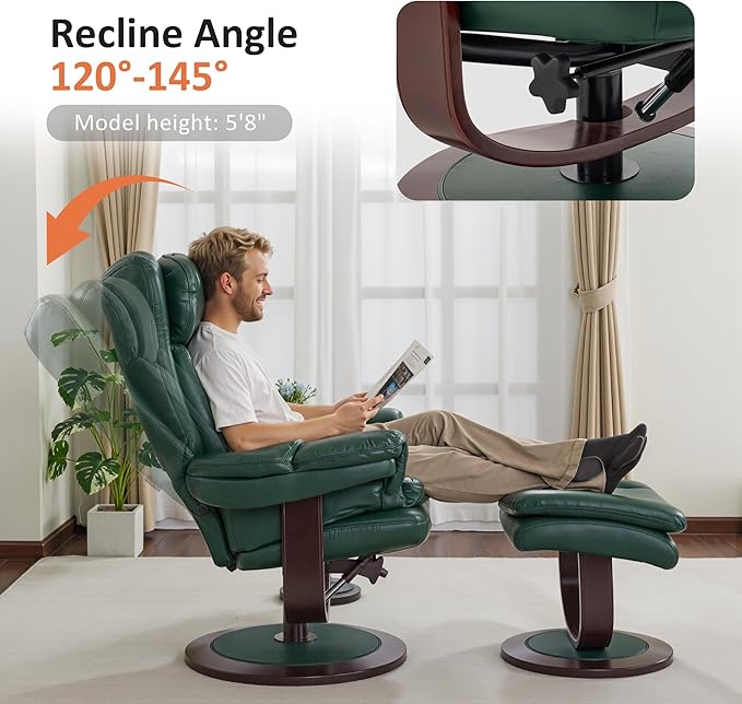 MCombo Oversized Swivel Recliner Chair with Ottoman, Adjustable Backrest, 360° Wood Base, High Seat, Faux Leather Lounge Chair for Tall Users in Living Room, Bedroom, or Office 4651 (Green)