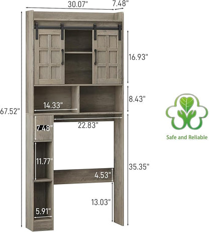 Over The Toilet Storage Cabinet, Farmhouse Storage Cabinet Over Toilet with Sliding Doors，Home Space-Saving Toilet Rack, for Bathroom, Restroom, Laundry.Wash Grey