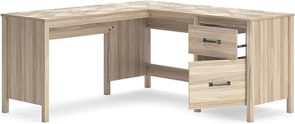 Signature Design by Ashley Battelle Casual L-Shaped Chevron Pattern 60" Home Office Desk with Return, Drawer and Cabinet, Light Brown