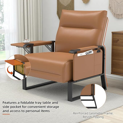 Upholstered Accent Chair, Modern Faux Leather Sofa Chair with Foldable Side Tray Table & Storage Pocket, Small Accent Sofa for Living Room, Bedroom, Reception Room, Brown