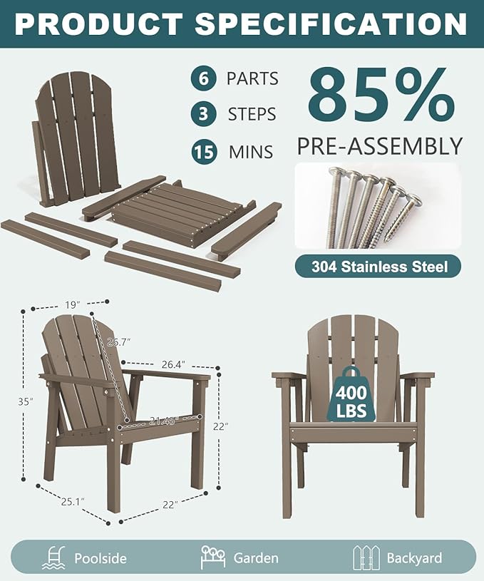 Adirondack Chair Set of 2, All Weather HDPE Fire Pit Chairs, Oversized Plastic Adirondack Chair for Outdoor, Balcony, Deck, Backyard, Patio, Garden, Poolside, Lawn Brown