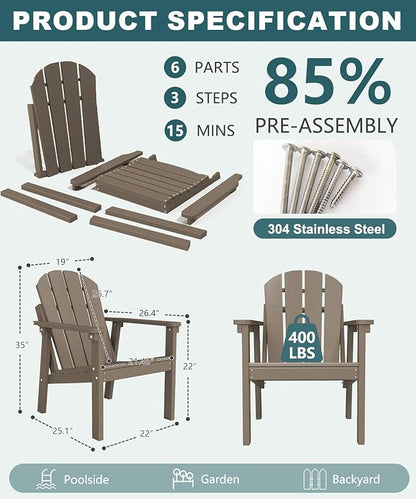 Adirondack Chair Set of 2, All Weather HDPE Fire Pit Chairs, Oversized Plastic Adirondack Chair for Outdoor, Balcony, Deck, Backyard, Patio, Garden, Poolside, Lawn Brown