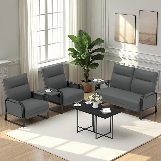 Faux Leather Sectional Couches for Living Room 3 Piece Loveseat and Chair Set with Flip Up Tray Tables Side Pockets Modern Modular Sectional Sofa for Office (2-Seat+1-Seat+1-Seat, Gray)