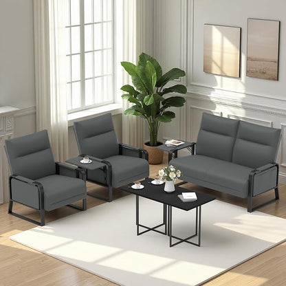Faux Leather Sectional Couches for Living Room 3 Piece Loveseat and Chair Set with Flip Up Tray Tables Side Pockets Modern Modular Sectional Sofa for Office (2-Seat+1-Seat+1-Seat, Gray)