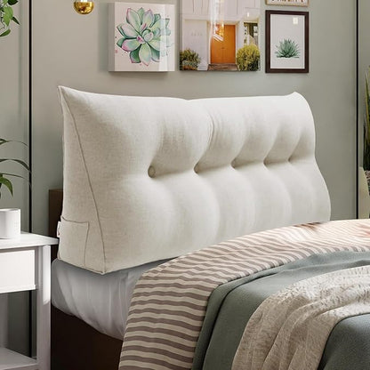 WOWMAX Headboard Pillow Queen Triangular Bed Wedge Pillow for Headboard Large Bolster Pillow for Bed with Removable Cover, 85% Linen 15% Cotton Blend, Pure White