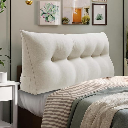 WOWMAX Headboard Pillow Queen Triangular Bed Wedge Pillow for Headboard Large Bolster Pillow for Bed with Removable Cover, 85% Linen 15% Cotton Blend, Pure White