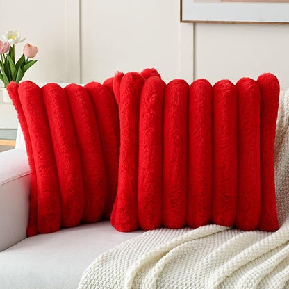 FUTEI Christmas Red Decorative Throw Pillow Covers 16x16 Inch Set of 2, Square Soft Faux Rabbit Fur Thick Striped Cushion Cover,Winter Home Decor for Couch Bed Living Room
