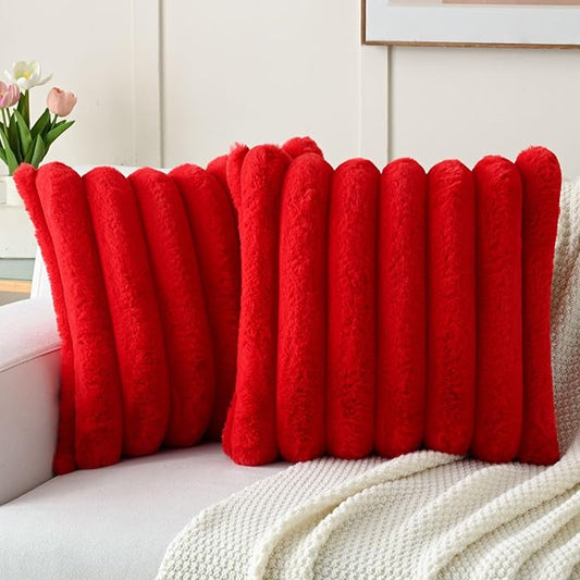 FUTEI Christmas Red Decorative Throw Pillow Covers 22x22 Inch Set of 2, Square Soft Faux Rabbit Fur Thick Striped Cushion Cover,Winter Home Decor for Couch Bed Living Room
