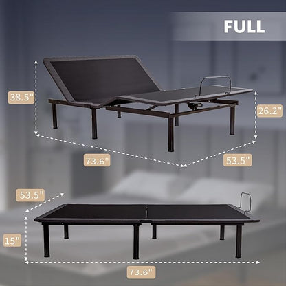 Full Adjustable Bed Base Frame with Wireless Remote + 14 Inch Full Gel Memory Foam Mattress Bed in a Box, Head and Foot Incline, Zero Gravity, Fiberglass Free, 75" × 54"