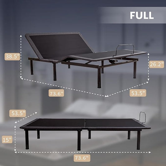 Full Adjustable Bed Base Frame with Wireless Remote + 14 Inch Full Gel Memory Foam Mattress Bed in a Box, Head and Foot Incline, Zero Gravity, Fiberglass Free, 75" × 54"