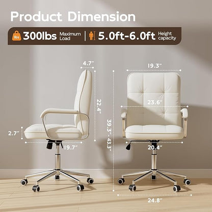White Office Chair with Soft Leather, Swivel Computer Home Office Desk Chair with Wheels and Padded Arms, Adjustable Height and Tilt