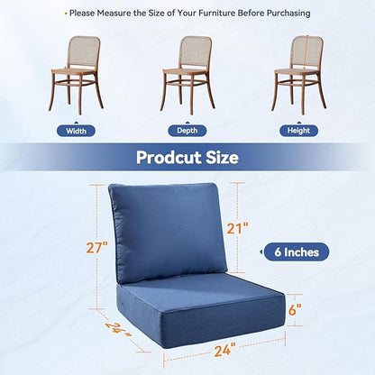 Luxury 6" Outdoor Cushions for Patio Furniture, 24x24x6" Thick Seat Cushion Set of 3, Fade Resistant Couch Chair Replacement Cushions High Density Deep Wicker Chair Cushion w/ Removable Cover, Blue
