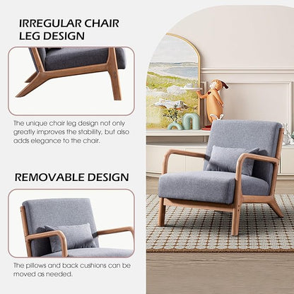 Accent Chair Mid Century Modern Chair Linen Fabric Living Room Chairs with Solid Wood Frame Comfy Upholstered and Lumbar Pillow Reading Side Chairs Easy Assembly for Bedroom (2, Grey)