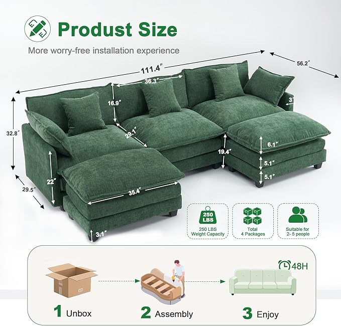 Expandable Modular Sectional Sofa with Ottoman, 111.4" Cloud Chenille U-Shape Couch, Reversible Chaise & 2nd Ottoman for Large Spaces, Deep Seat, Solid Wood Frame