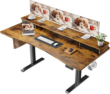 Veken 63"×27.6" Adjustable Standing Desk with Drawers, Ergonomic Computer Desk with Monitor Shelf, Home Office Desk for Work, Study, Gaming, Writing, Brown