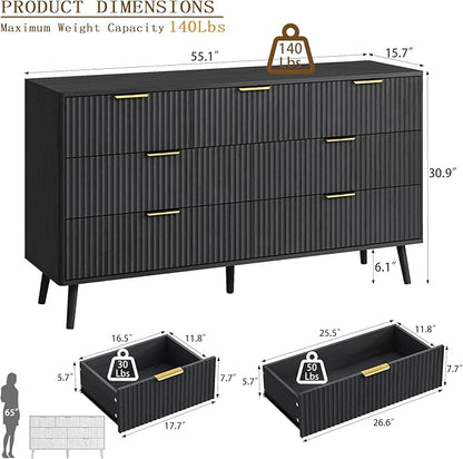 CARPETNAL Fluted 7 Drawer Dresser for Bedroom, 55" Wide Wooden Chest of Drawers with Rounded Corners, Gold Handles, Modern Storage Organizer for Bedroom, Hallway(Black)