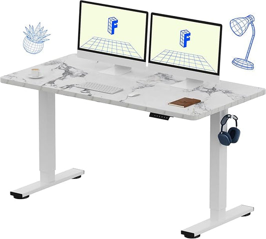 FLEXISPOT EN1 One-Piece Standing Desk 55 x 28 Inches Stand Up Desk Workstation Home Office Computer Height Adjustable Desk (White Frame + Marble Gray Top, 2 Packages)