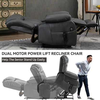 Luxlen Electric Power Lift Recliner Chair with Vibration Massage and Heat, Faux Leather Reclining Chairs for Elderly with Remote Controls, Side Pockets, Big and Tall Recliner, Gray