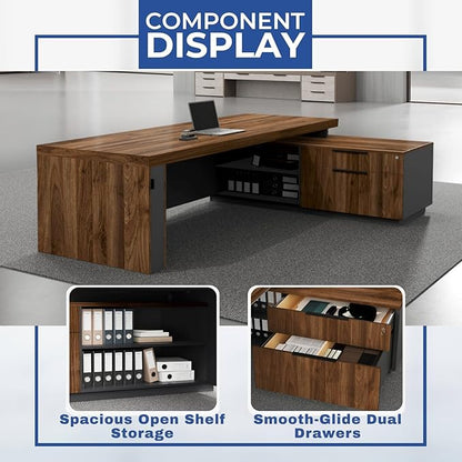 OfficeSimpli L Shaped Executive Desk with Drawers - 64x63x30 Inch - Made in USA - Ship Mostly Assembled - Home Office Workstation, Business Furniture, CEO Desk Table with Lockable Storage - Walnut
