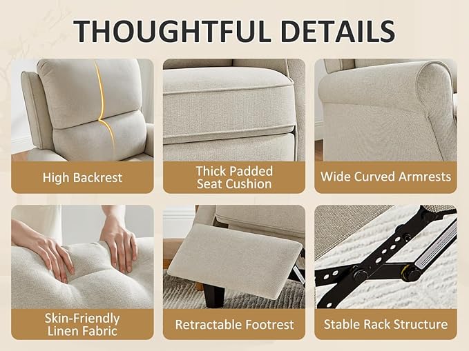 Recliner Chair for Living Room, Modern Reclining Sofa Home Theater Seating with Upholstered Push Back, Mid-Century Reclining Armchair with Lumbar Support, Bedroom, Reading Nook, Office, Set of 2