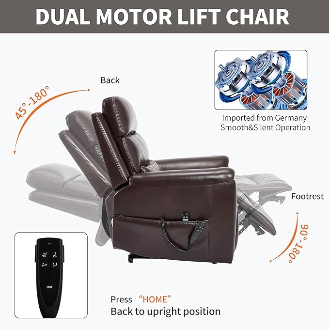 PELUMY Power Lift Recliner Chair for Elderly with Massage and Heat, Dual Motor Heavy Duty 350lbs Recliner, 8-Point Vibration & Lumbar Heating, Electric Lift Chair (Breathable Leather, Dark Brown)