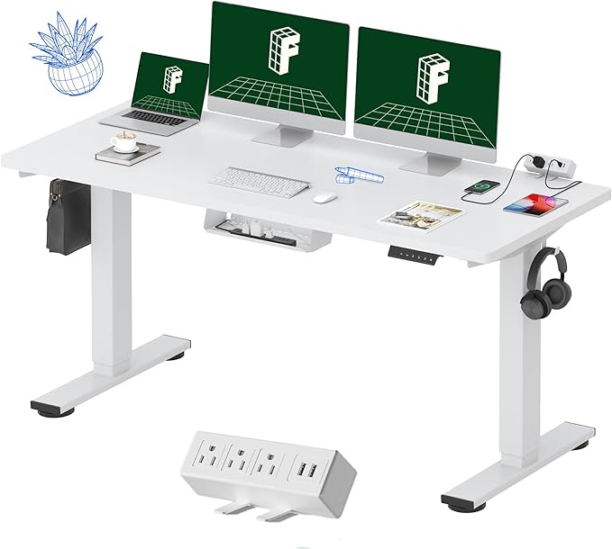 FLEXISPOT EN2 Whole-Piece Standing Desk with Clamp Power Strip, 60 x 24 Electric Stand Up Height Adjustable Desk with Cable Management (White Frame + 60" White Desktop, 2 Packages)