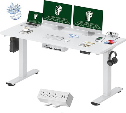 FLEXISPOT EN2 Whole-Piece Standing Desk with Clamp Power Strip, 60 x 24 Electric Stand Up Height Adjustable Desk with Cable Management (White Frame + 60" White Desktop, 2 Packages)