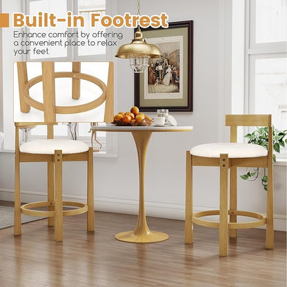 COSTWAY 24'' Counter Height Bar Stools Set of 4, Teddy Velvet Upholstered Bar Chairs with Backrests and Footrests, Wood High Barstools for Kitchen Island and Dining Room (Natural)