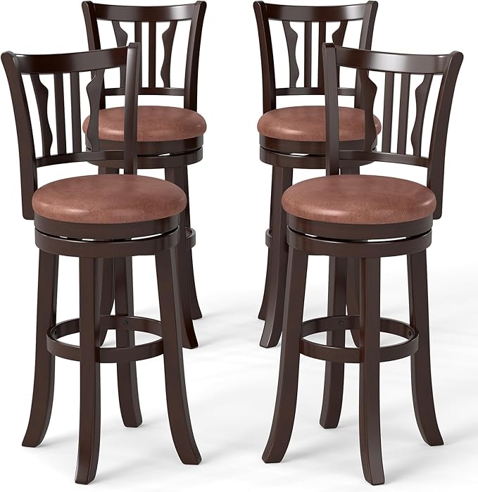 COSTWAY 30" Bar Height Stools Set of 4, Swivel High-Top Chairs with Backrest & Faux Leather Padded Seat, Rubber Wood Counter Barstools with Footrest for Kitchen Islands, Dining Room, Pub (4,30'')