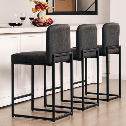 ALPHA HOME 24 Inch Bar Stools, Kitchen Counter Stools with Backs, Black Bar Stools Set of 4, PU Leather Barstools, Kitchen Stools with Back&Upholstered Footrest, Sturdy Chromed Metal Steel Frame