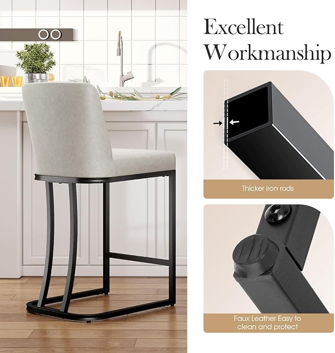 Sophia & William Counter Stool Set of 2, 24" Bar Stools with Back, Faux Leather Upholstered, 330lbs, Light Grey