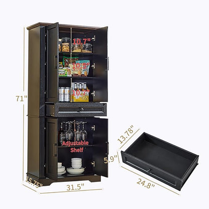 71" Black Tall Pantry Cabinet with Drawer and Adjustable Shelves, Modern Storage Cabinet with Doors, Kitchen Buffet Cabinet, Food Pantry Storage Cabinet, Coffee Bar, Living Room and Dining Room
