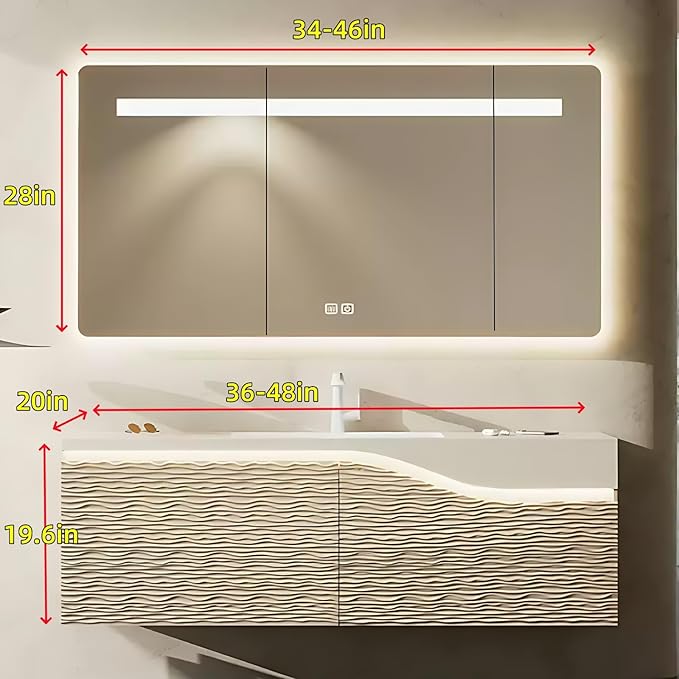 44in Elegant Modern Luxury Bathroom Vanity with Sink - Wall Mounted Solid Wood Cabinet & Smart LED Defogging Mirror | Single Sink Bathroom Cabinets
