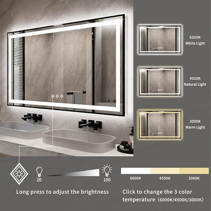 LED Bathroom Mirror, 60x40 Inch Black Framed Gradient Front and Backlit Bathroom Mirror with LED Lights, 3 Colors Dimmable CRI>90, IP54 Enhanced Anti-Fog Wall Mounted Backlit Mirror
