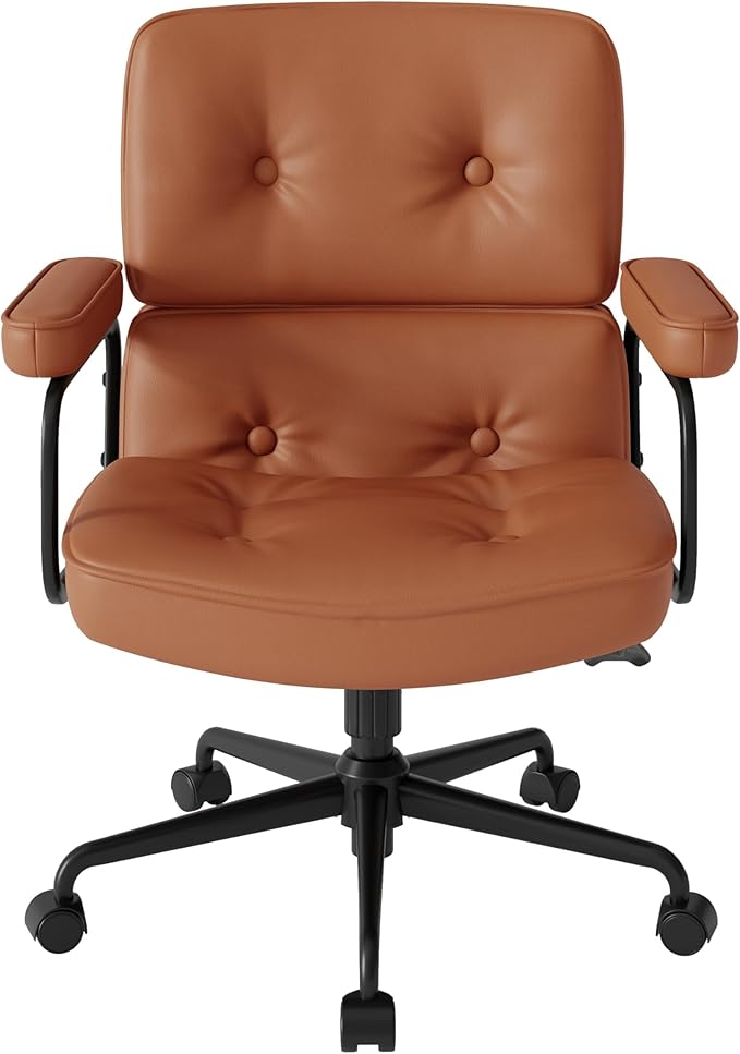 Brown Office Chair, Modern Leather Desk Chair with Wheels and Arms, Adjustable Height, Comfy Wide Desk Chair with Lumbar Support