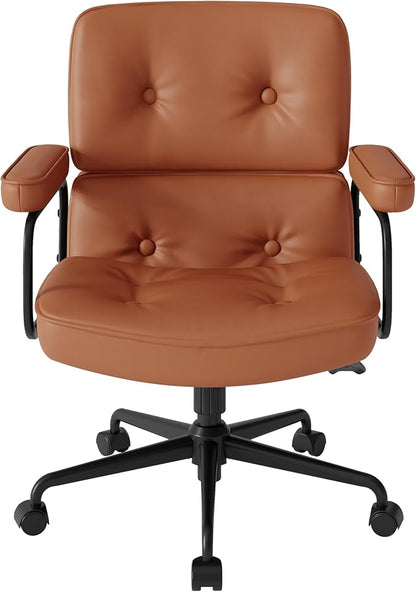 Brown Office Chair, Modern Leather Desk Chair with Wheels and Arms, Adjustable Height, Comfy Wide Desk Chair with Lumbar Support