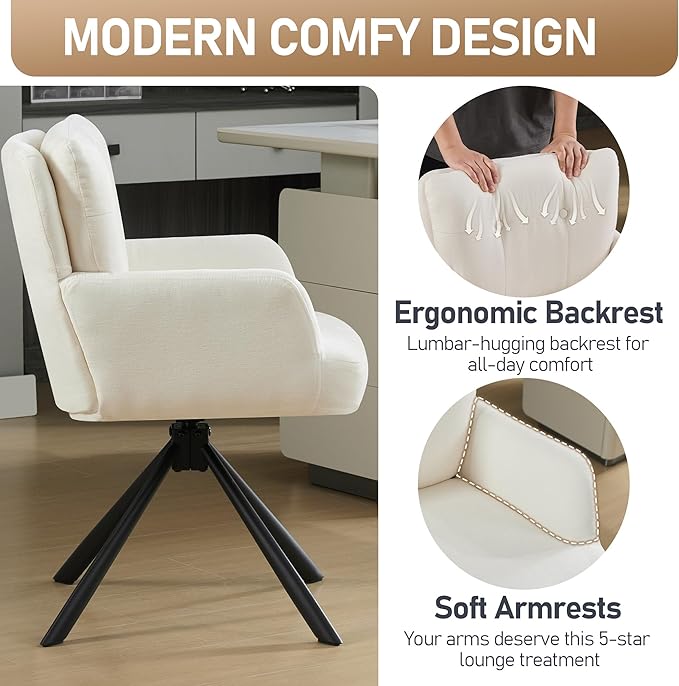 Fabric Dining Chair Set of 2 Modern Upholstered Swivel Dining Room Chairs Comfy Accent Armchair with Mid Back, Desk Arm Chair No Wheels for Kitchen/Living Room/Dining Room, White