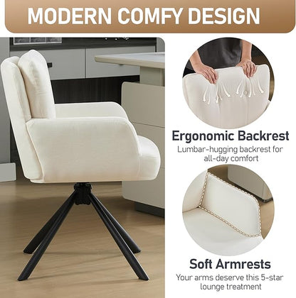 Fabric Dining Chair Set of 2 Modern Upholstered Swivel Dining Room Chairs Comfy Accent Armchair with Mid Back, Desk Arm Chair No Wheels for Kitchen/Living Room/Dining Room, White
