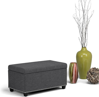 SIMPLIHOME Amelia 33 inch Wide Transitional Rectangle Storage Ottoman Bench in Slate Grey Linen Look Fabric, Assembled, For the Living Room, Entryway and Family Room