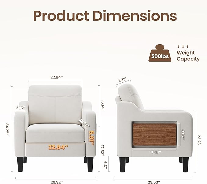 Accent Chair for Living Room Modern Linen Upholstered Armchair Side Wooden Fabric Sofa Chair with Foldable Table 2 Side Pockets Comfy Reading Chair for Bedroom