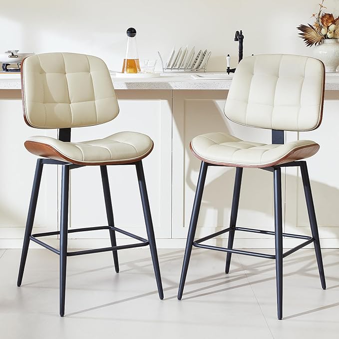 Mid Century Modern Bar Stools Set of 2 for Kitchen Island,Upholstered Beige Faux Leather Counter Height stools,26 Inch Counter stools with Walnut Grain Back