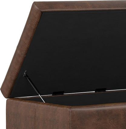 SIMPLIHOME Gabbie 48 inch Wide Contemporary Rectangle Rectangular Storage Ottoman in Distressed Chestnut Brown Vegan Faux Leather, Assembled, For the Living Room, Entryway and Family Room